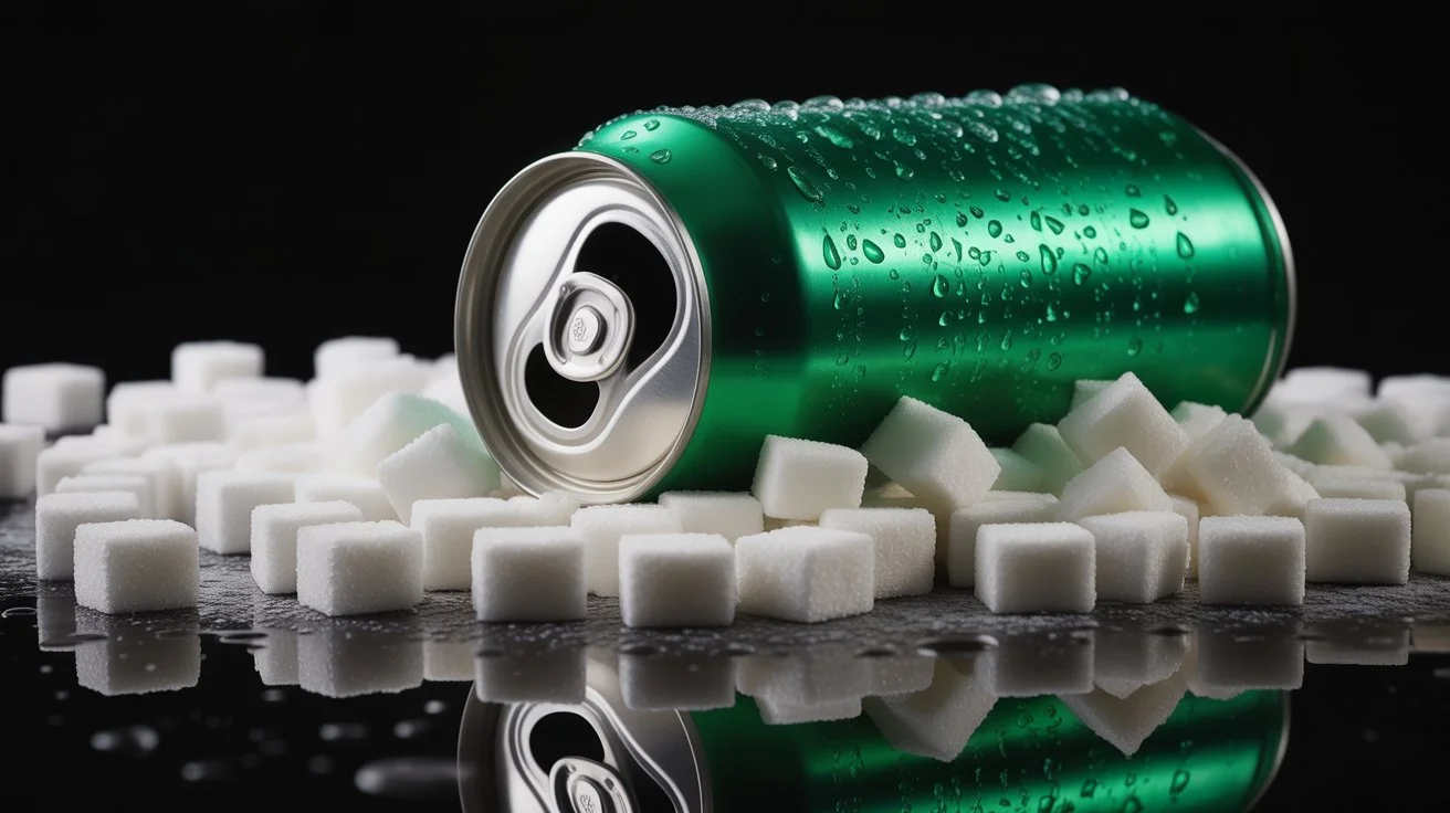 A can of soda surrounded by sugar cubes showing the surprising amount of sugar in one Sprite can.