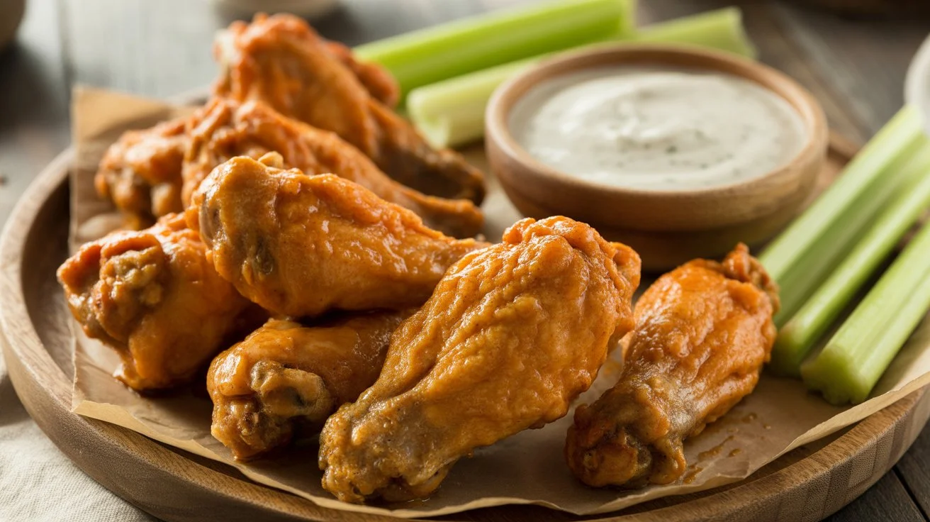 Crispy buffalo chicken wings served hot with ranch dip and celery the perfect game-day snack.