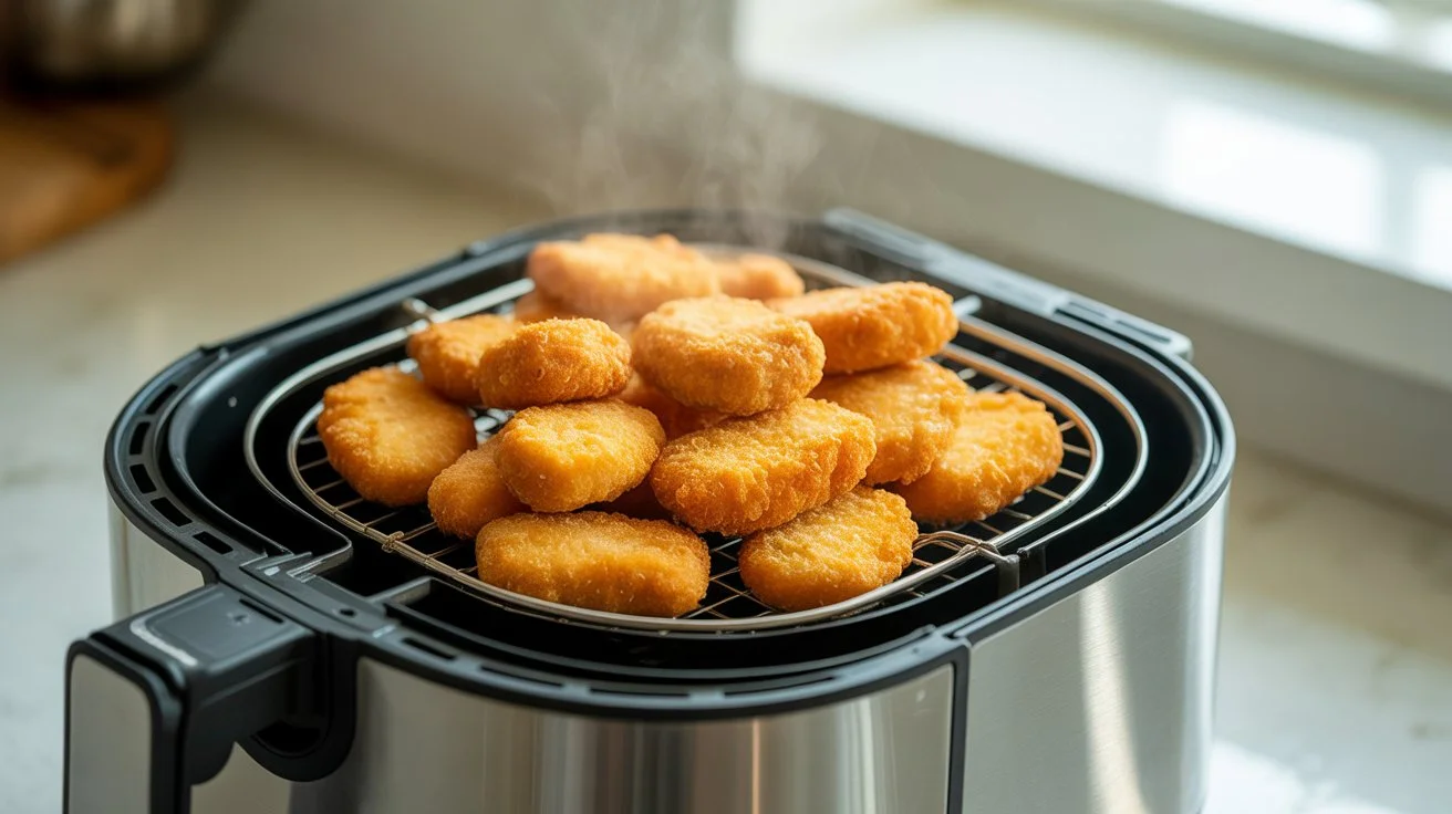 Golden, crispy chicken nuggets cooking to perfection in an air fryer.