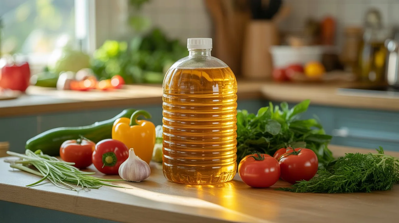 A bottle of vegetable frying oil ready for cooking, surrounded by fresh ingredients in a bright kitchen.