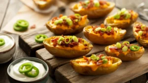 Golden crispy Bannister’s potato skins topped with melted cheese, bacon bits, and spring onions served with sour cream and jalapeno slices on a rustic wooden table.