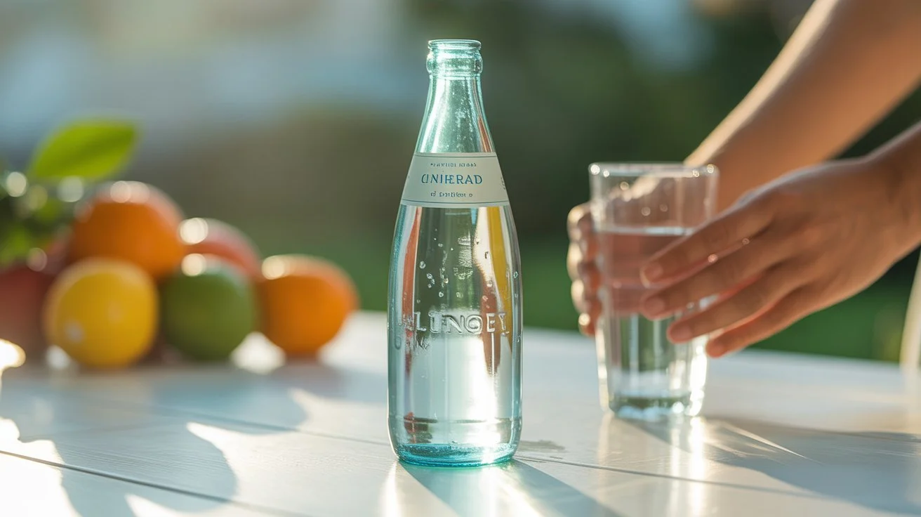 Pure mineral water served fresh beside colorful fruits a symbol of hydration and health.