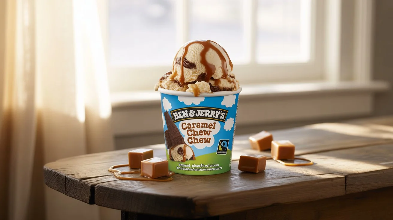 Indulge in Ben & Jerry’s Caramel Chew Chew creamy caramel ice cream swirled with luscious caramel and chocolate-covered caramel chunks, a perfect treat for dessert lovers.