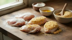 Chicken pieces being coated in flour, egg wash, and golden breadcrumbs