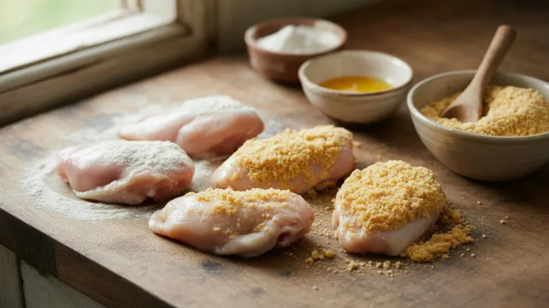Chicken pieces being coated in flour, egg wash, and golden breadcrumbs
