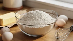 A glass bowl filled with self-raising flour surrounded by eggs, butter, and a whisk on a wooden kitchen counter.