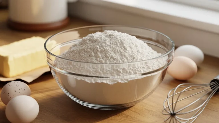 A glass bowl filled with self-raising flour surrounded by eggs, butter, and a whisk on a wooden kitchen counter.