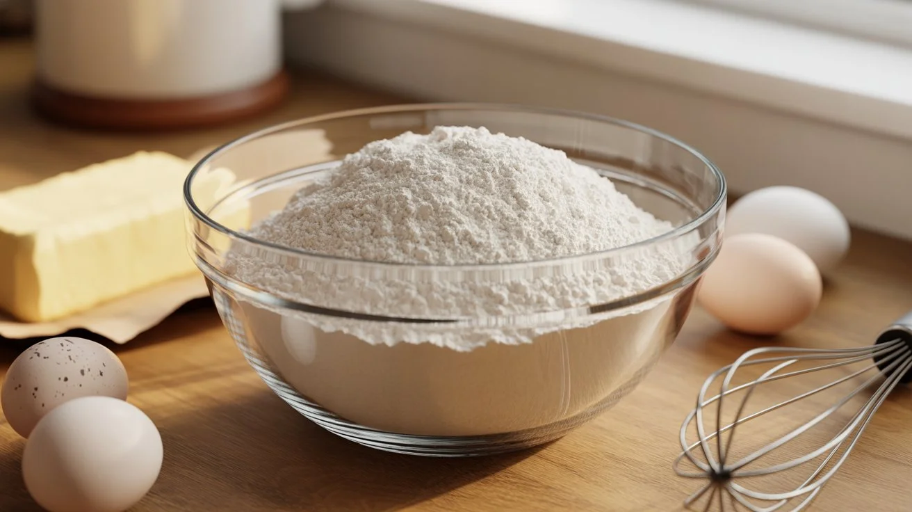 A bowl of self-raising flour ready for baking, paired with essential ingredients like eggs and butter.