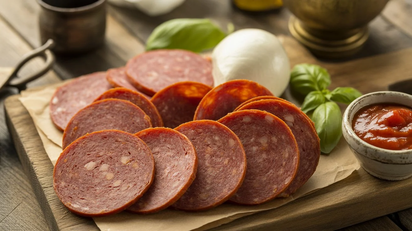 Delicious halal pepperoni slices ready to top your favorite pizza or serve as a savory snack.