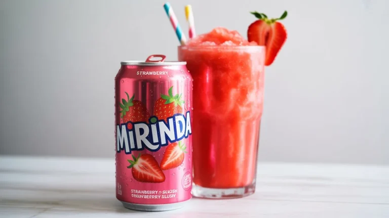 A chilled glass of strawberry slushy made with Strawberry Mirinda beside a pink Mirinda can on a white table.