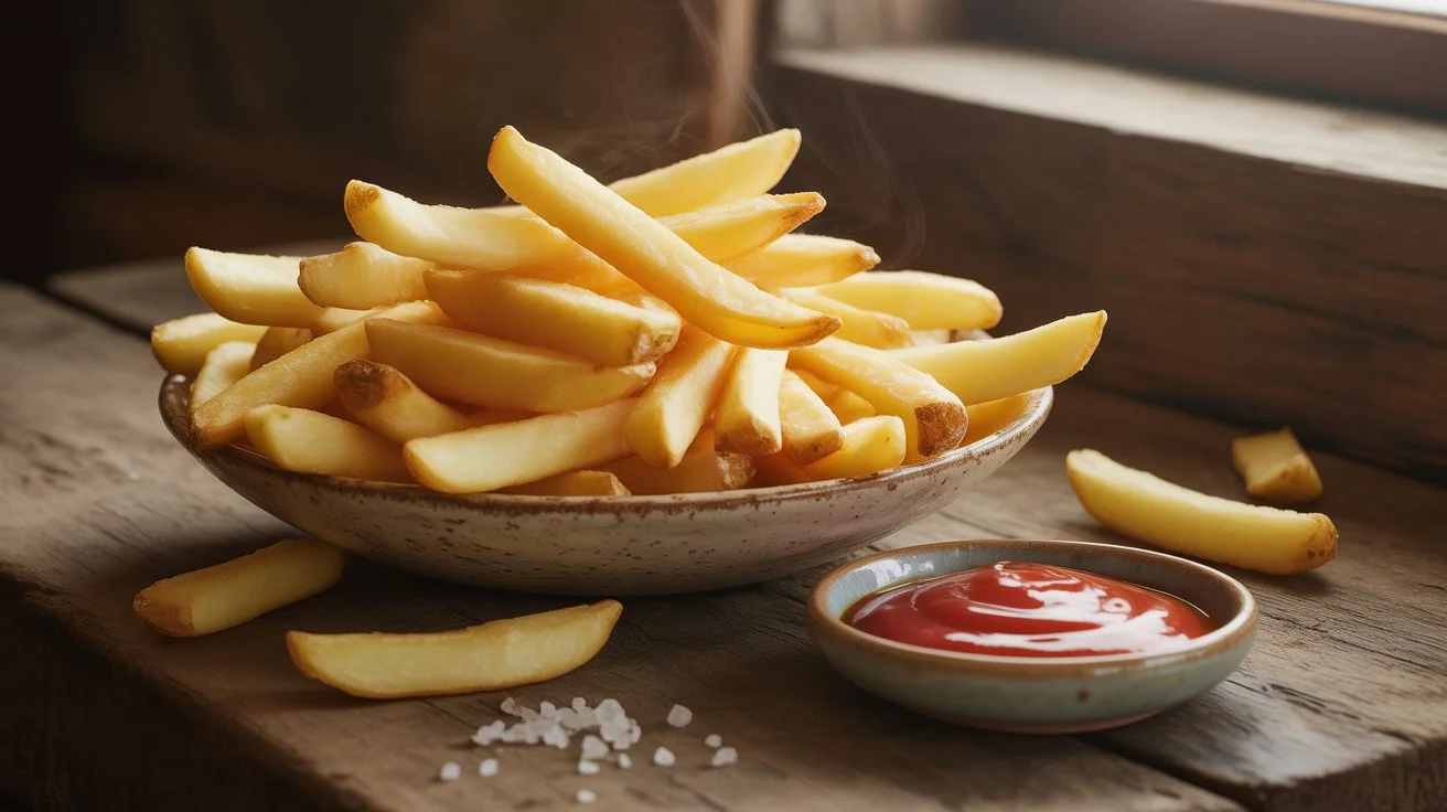 A bowl of freshly cooked Aviko Pommes Frites with ketchup, showcasing their golden crisp texture and soft fluffy interior.