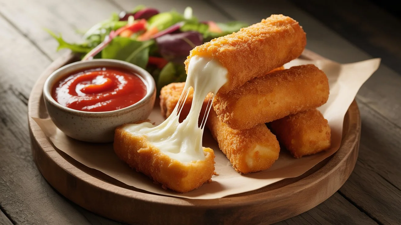 Delicious golden mozzarella sticks with gooey melted cheese, served alongside tangy marinara sauce and a fresh salad.