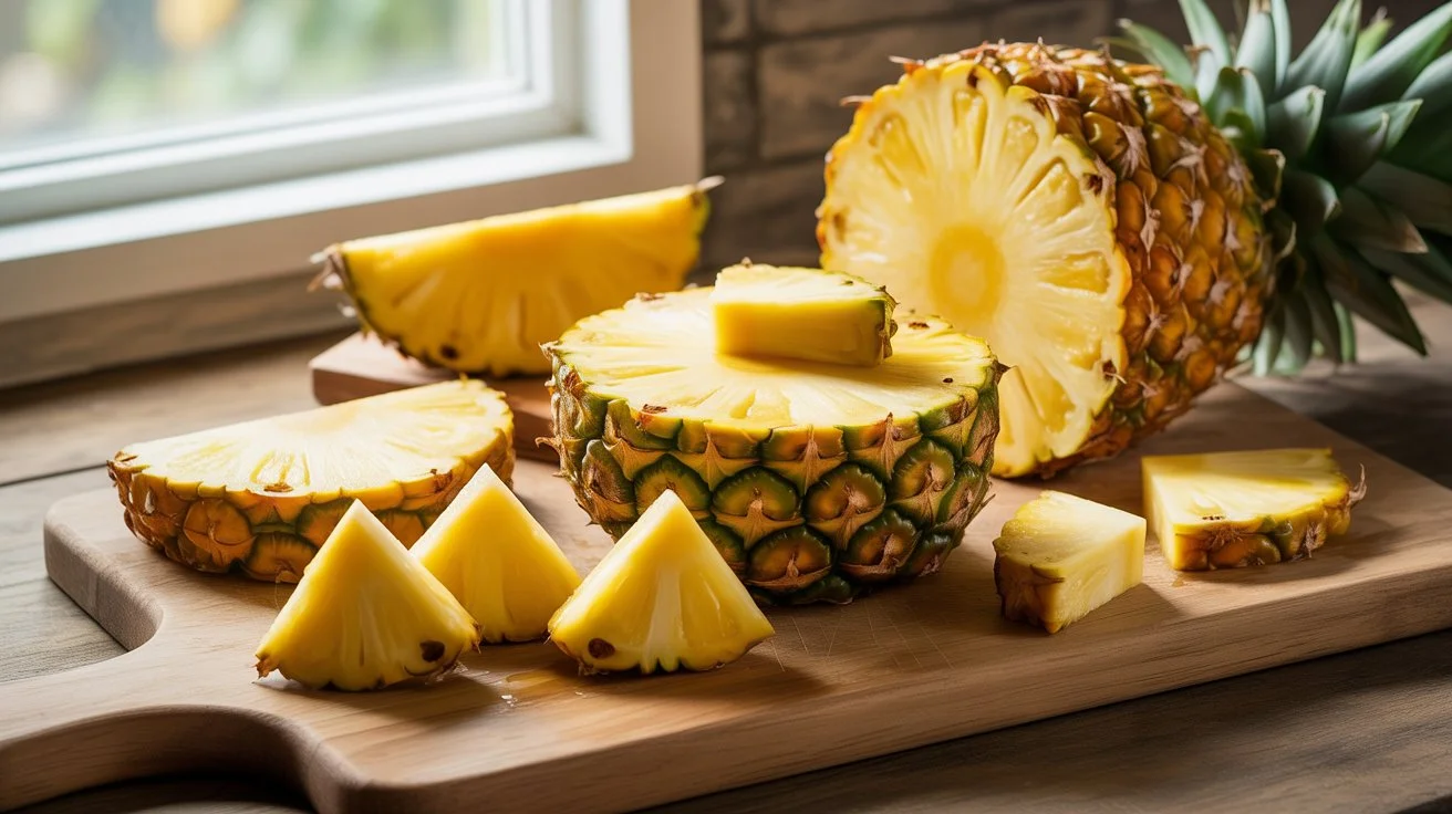 Perfectly sliced pizza cut pineapple pieces ready for use in cooking or pizza toppings.