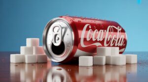 How much sugar is in a can Coke shown with a cold Coca-Cola can surrounded by stacked sugar cubes on a table, representing the sugar content visually.