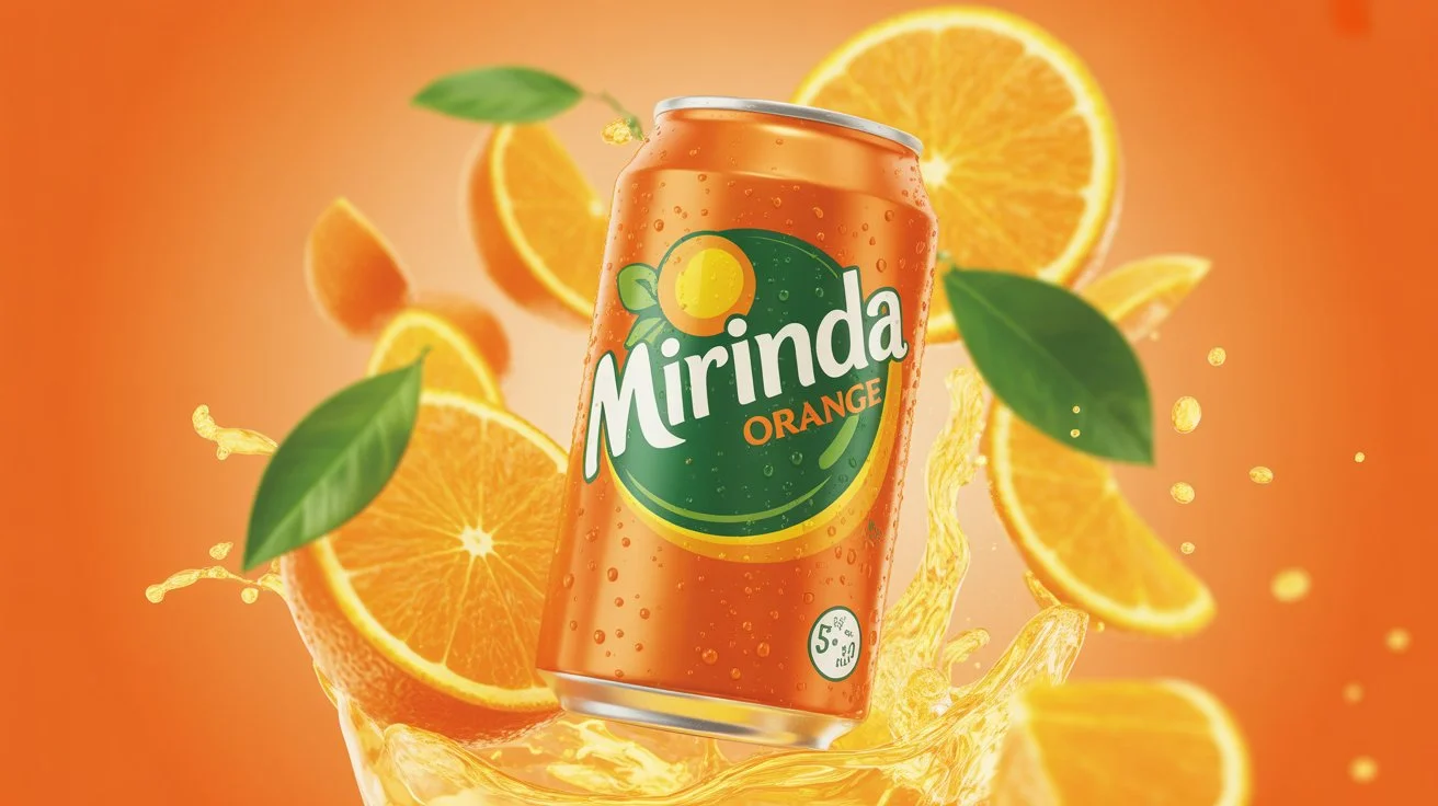 A vibrant Mirinda Orange can with juicy orange slices and fizzy splashes, highlighting its refreshing, caffeine-free flavor.