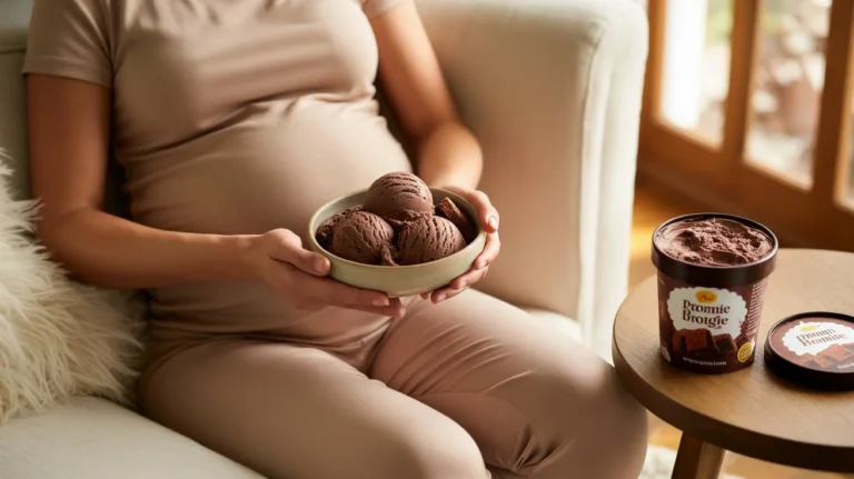 A pregnant woman sitting on a sofa holding a bowl of chocolate fudge brownie ice cream with an ice cream tub on a side table.