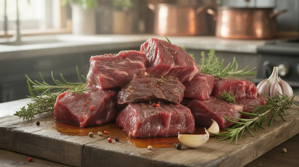 Fresh raw beef chunks seasoned with herbs and spices on a wooden board, illustrating preparation steps for How to Cook Beef Chunks.