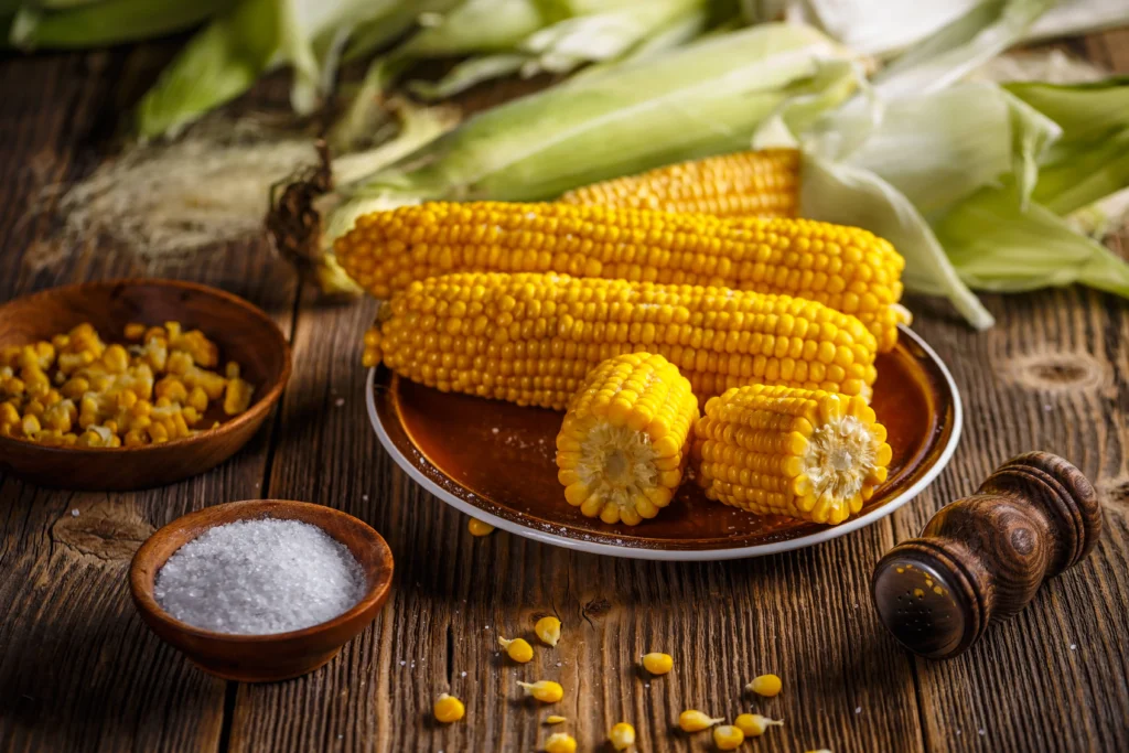 Boiled sweetcorn on a wooden table can dogs eat sweetcorn safely