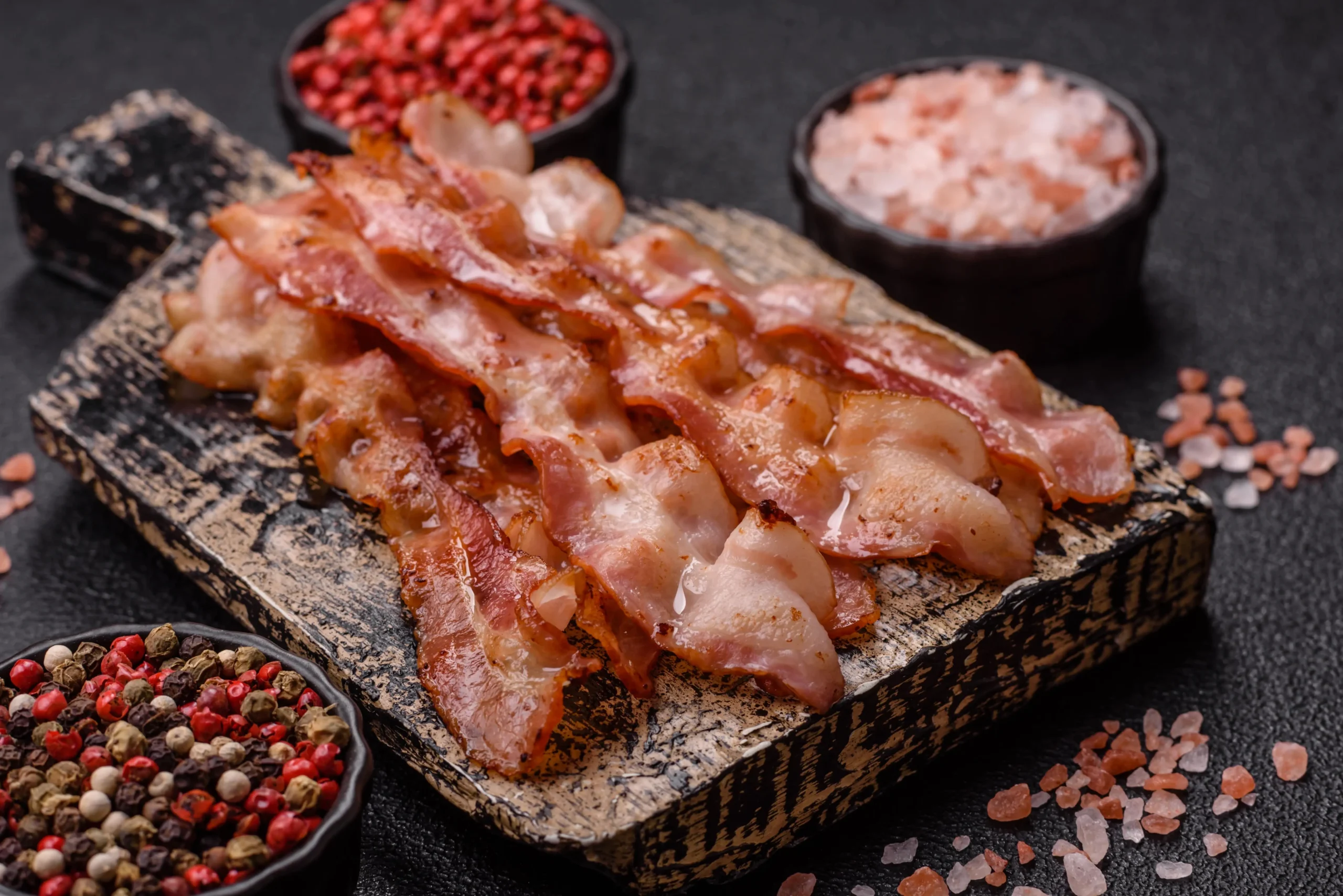 Crispy bacon slices served on a rustic board with gourmet seasonings.